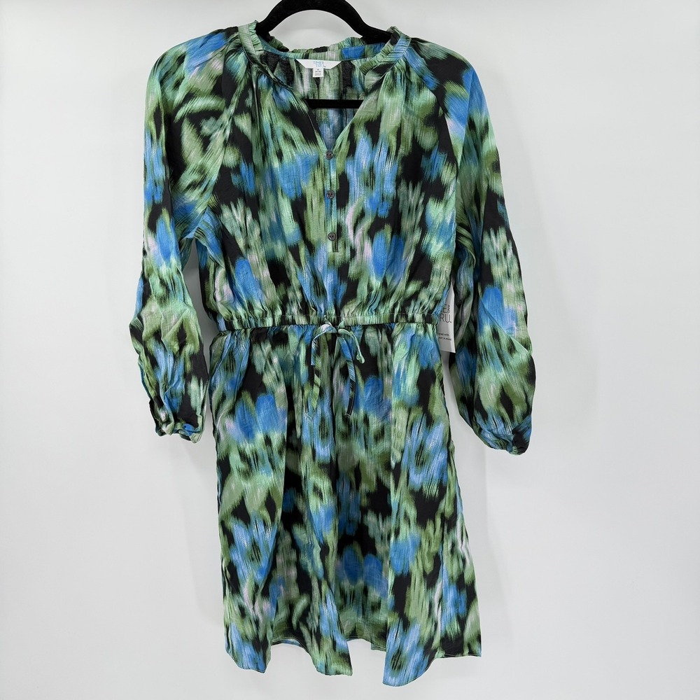 Time and Tru Abstract Ikat Boho Dress Modern Women Size Small‎ Blue Green Black